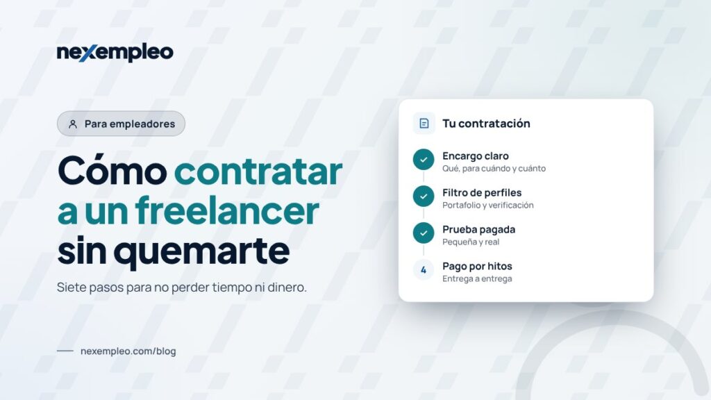Lista de pasos para contratar a un freelancer: encargo claro, filtro, prueba pagada y pago por hitos