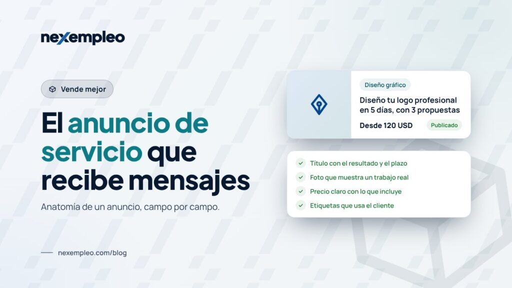 Tarjeta de un anuncio de servicio bien escrito con título claro, categoría, precio y estado aprobado
