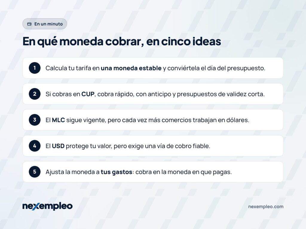 Resumen en cinco puntos de en qué moneda cobrar tus servicios