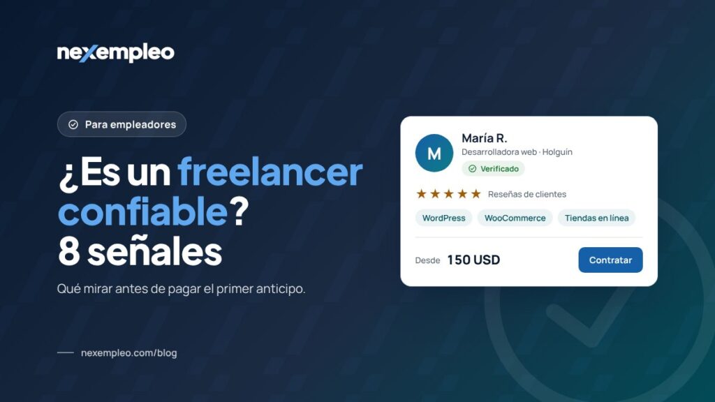 Perfil de un freelancer confiable con identidad verificada, buenas valoraciones y precio claro